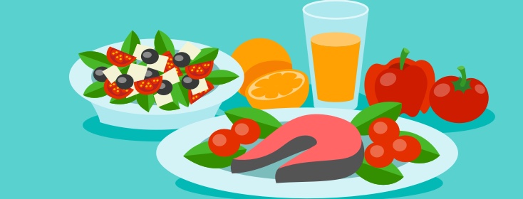 Food displayed include Salmon, a salad, a sliced orange, and orange juice