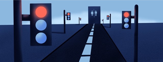 multiple red lights in the way of the bathroom