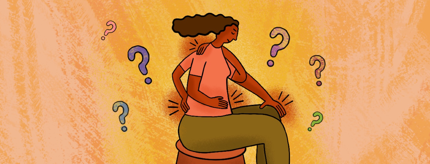 A person with four arms uses each hand to clench an aching body part: lower back, stomach, knee joint and back of their neck with question marks surrounding