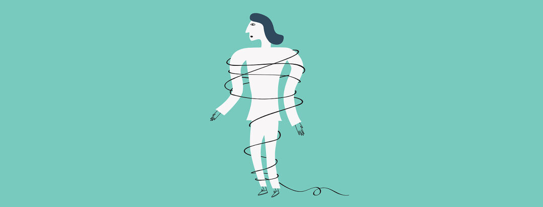Person looking alarmed, surprised, and tangled up in a string.