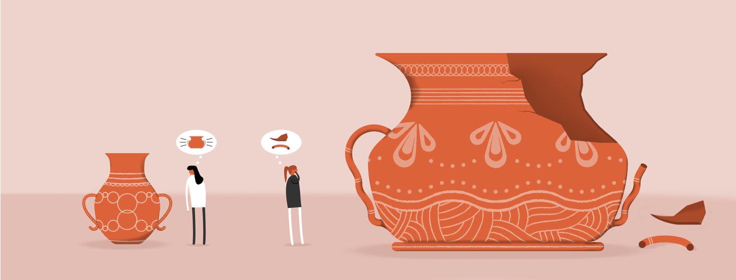 woman with a small pot jealous of other persons larger pot but the large pot is broken