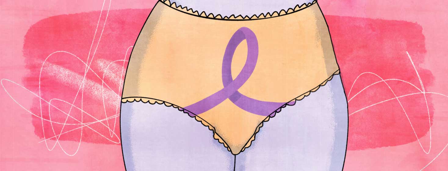 A POC woman wearing underwear with a purple Crohn's ribbon on it