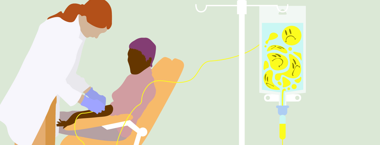 patient receiving biologic, but there are sad faces in the IV
