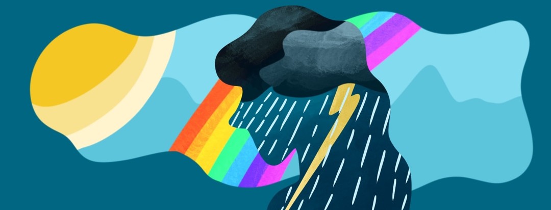 woman imagining a sunny day with a rainbow, but has a storm within her