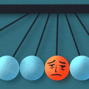 a newton's cradle with a sad, tired face in the middle ball