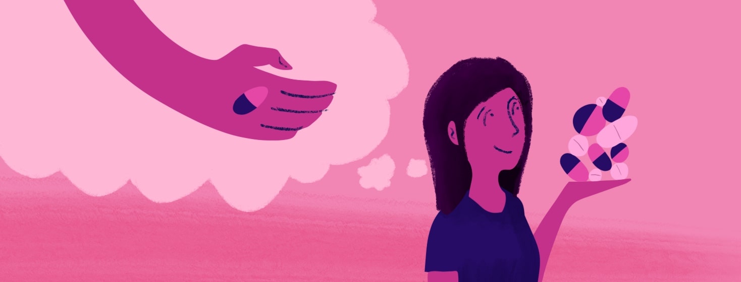 woman holding a handful of pills remembers when she only had one pill