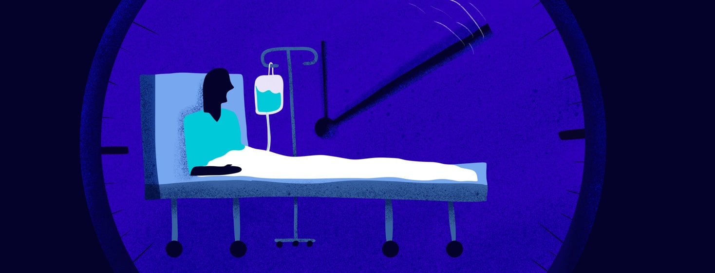 patient in hospital bed with fast moving clock behind