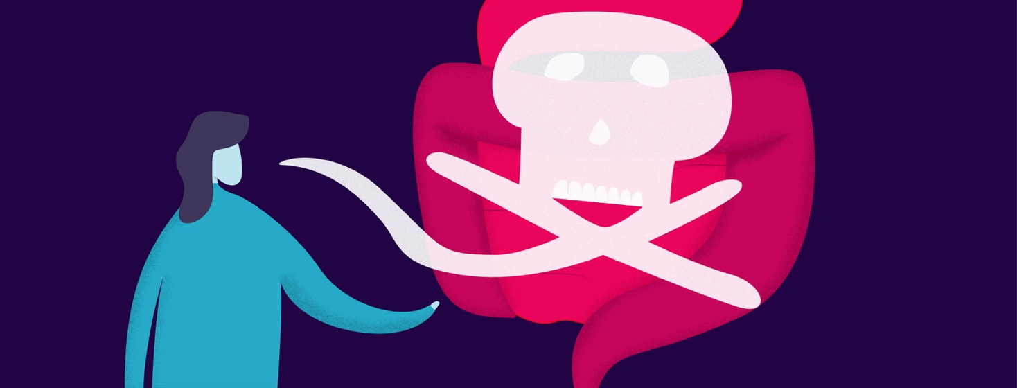 A woman's speech bubble takes the shape of a skull and crossbones. The skull and crossbones overlay the digestive system.