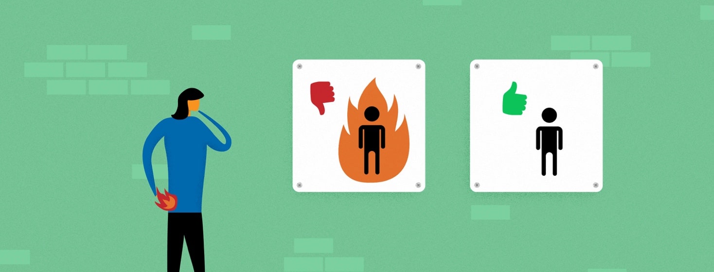 woman with fire on her lower back looking at signs showing that fire is not good