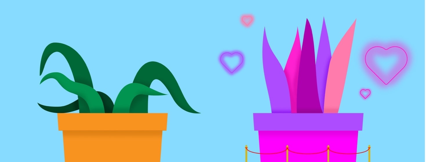 two plants, one is wilted and one is colorful and surrounded by hearts