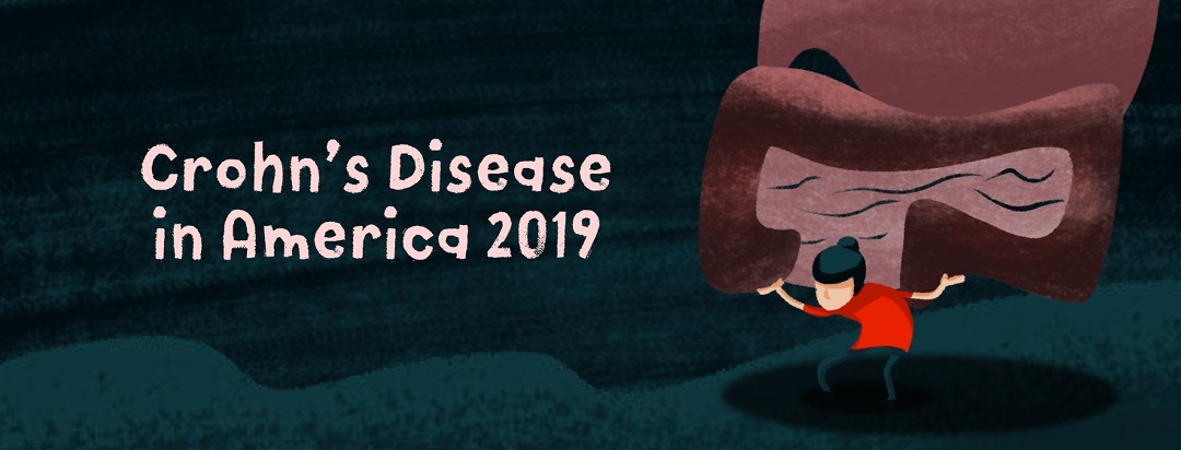 A person struggling to hold up intestines on their back with text that reads “Crohn’s Disease in America 2019.”