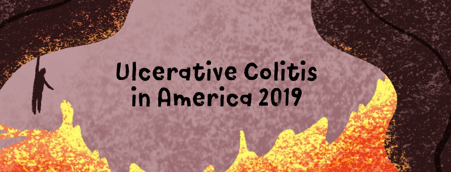 A person hanging onto a cliff with flames below and text that reads “Ulcerative Colitis in America 2019.”