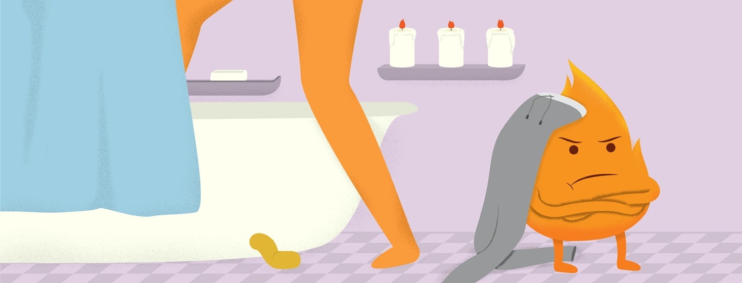 a flame with sweatpants thrown on them while someone steps into the shower