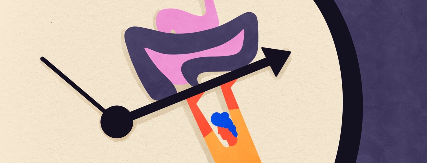 person struggling to hold up clock hand that is being weighed down by intestines