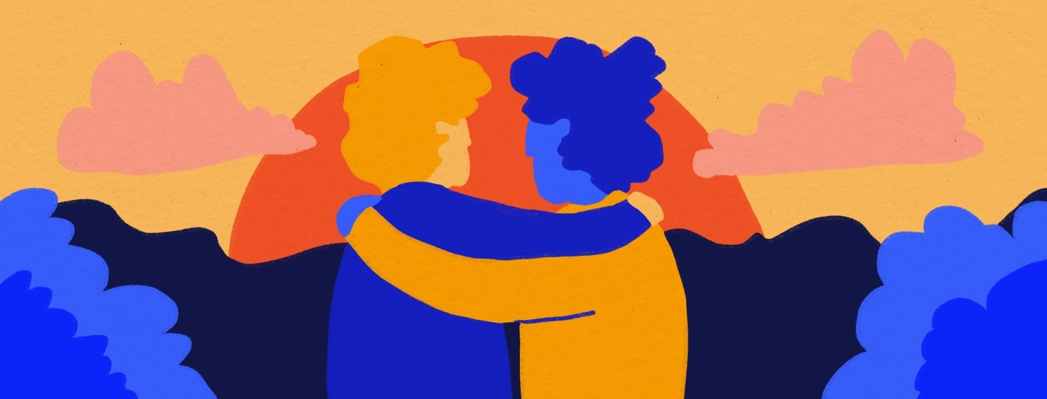 two people with their arms around each other's shoulder watching a sunset