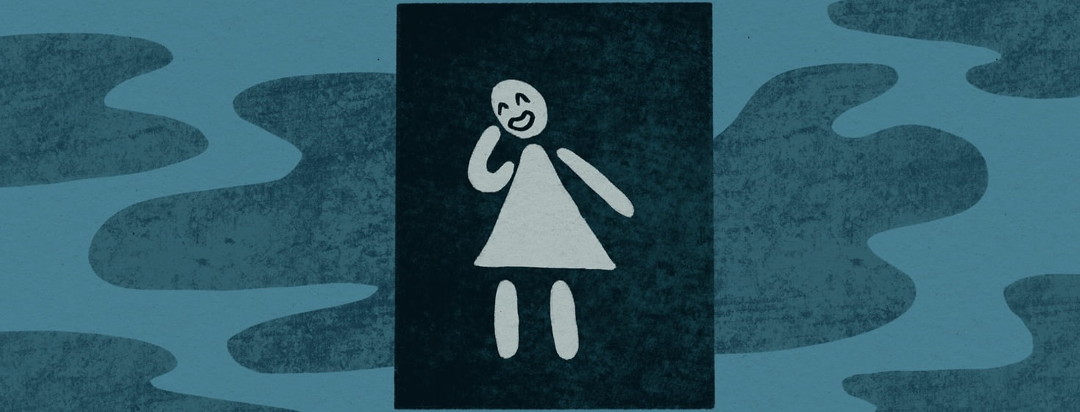 female bathroom symbol laughing
