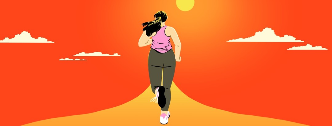 A woman is running along a path heading toward the sun