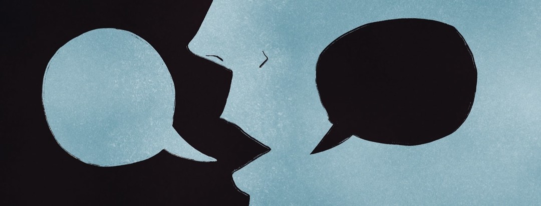 person speaking with two speech bubbles, one is light and the other is dark
