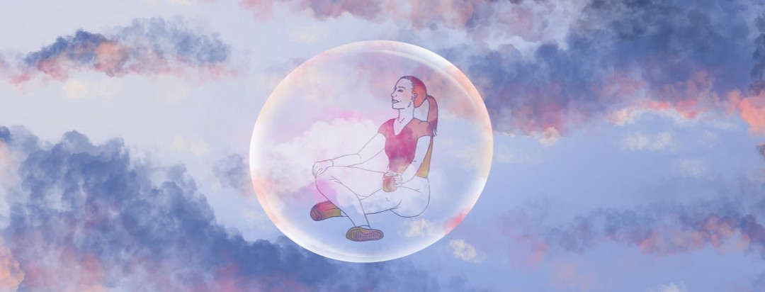 Person floating in the sky sitting crossed legged in bubble drinking a hot drink