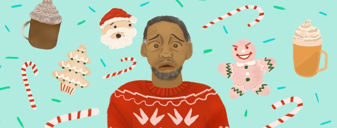 A man in a holiday themed sweater looks anxious with holiday treats like a Santa cookie, gingerbread, candy canes, and sprinkles floating around him.