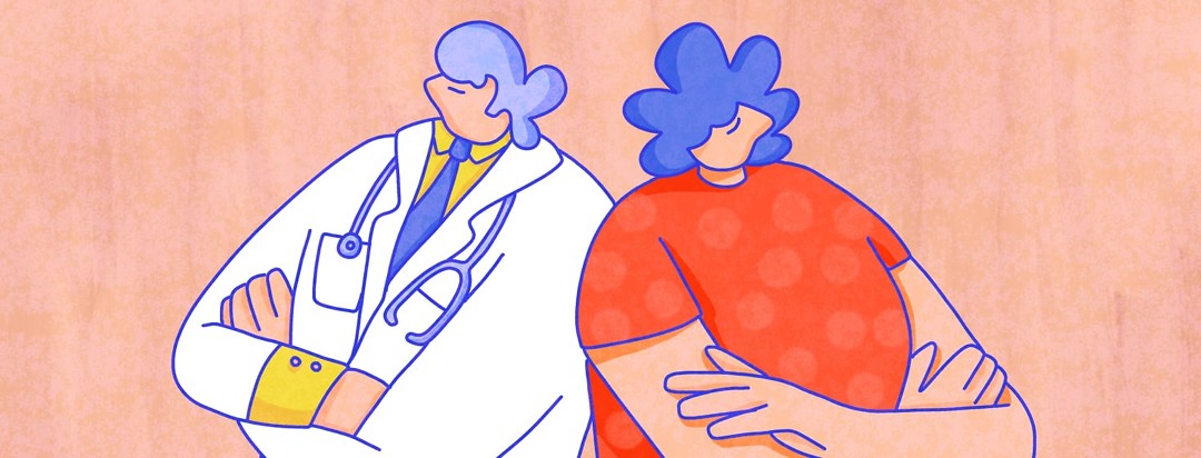 A doctor and a patient have backs facing each other, arms crossed, looking opposite ways.