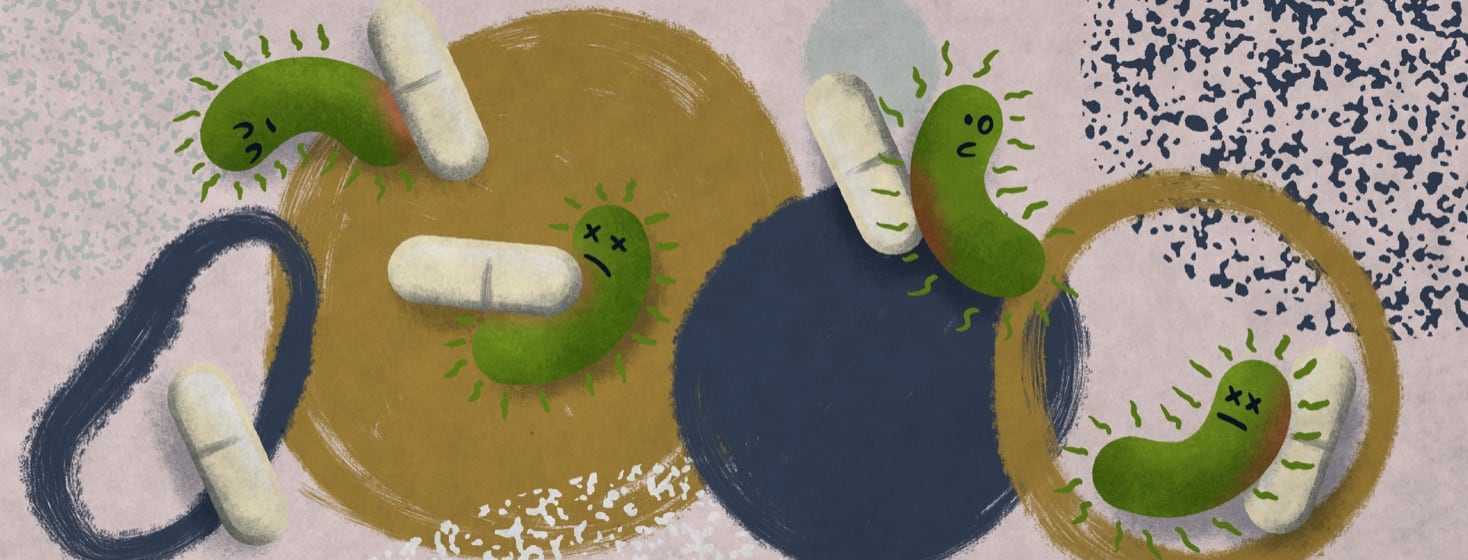 Healthy bacteria and antibiotic tablets colliding and bumping into each other.