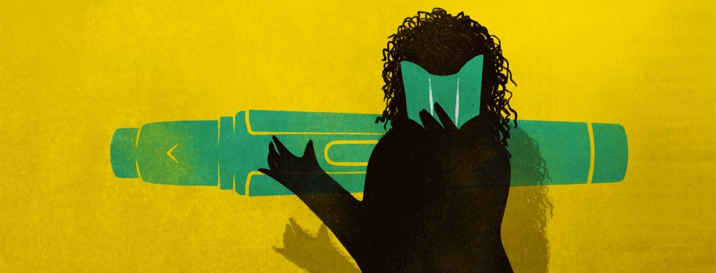 A silhouette of a woman reading a pamphlet on how to properly and easily inject yourself with your biologic.