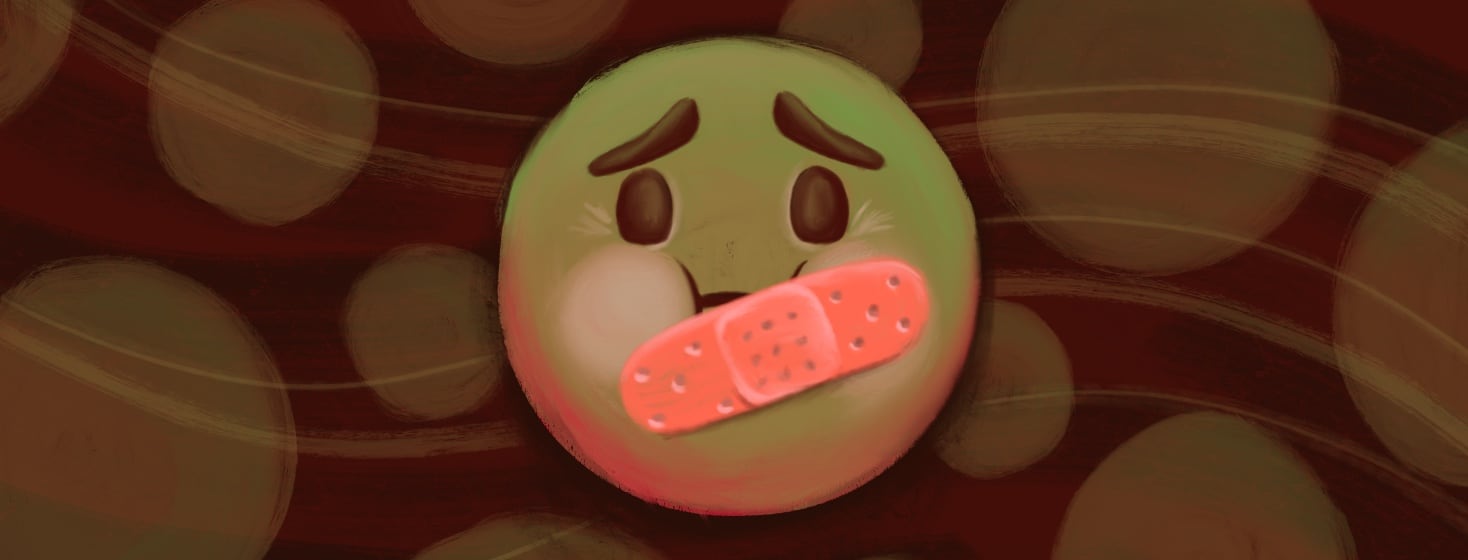 A nauseated green emoji with a bandaid over its mouth.