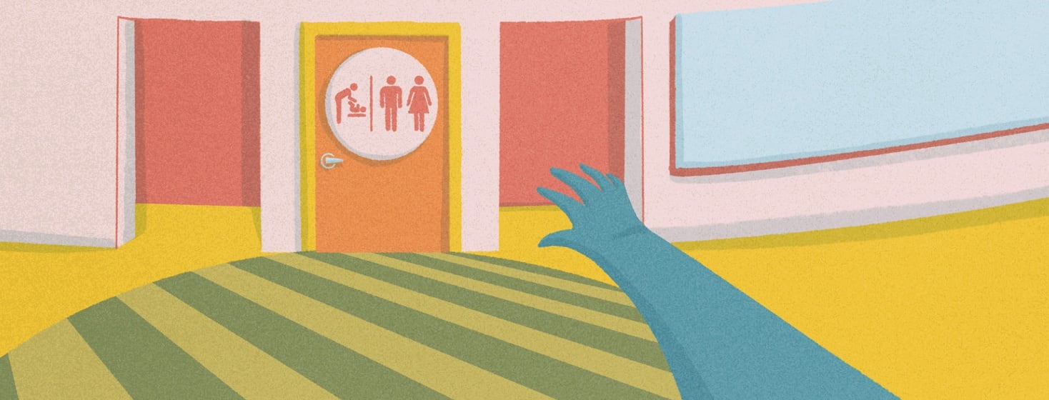 A person running towards the restroom with their arm stretched out in a panic reaching motion.