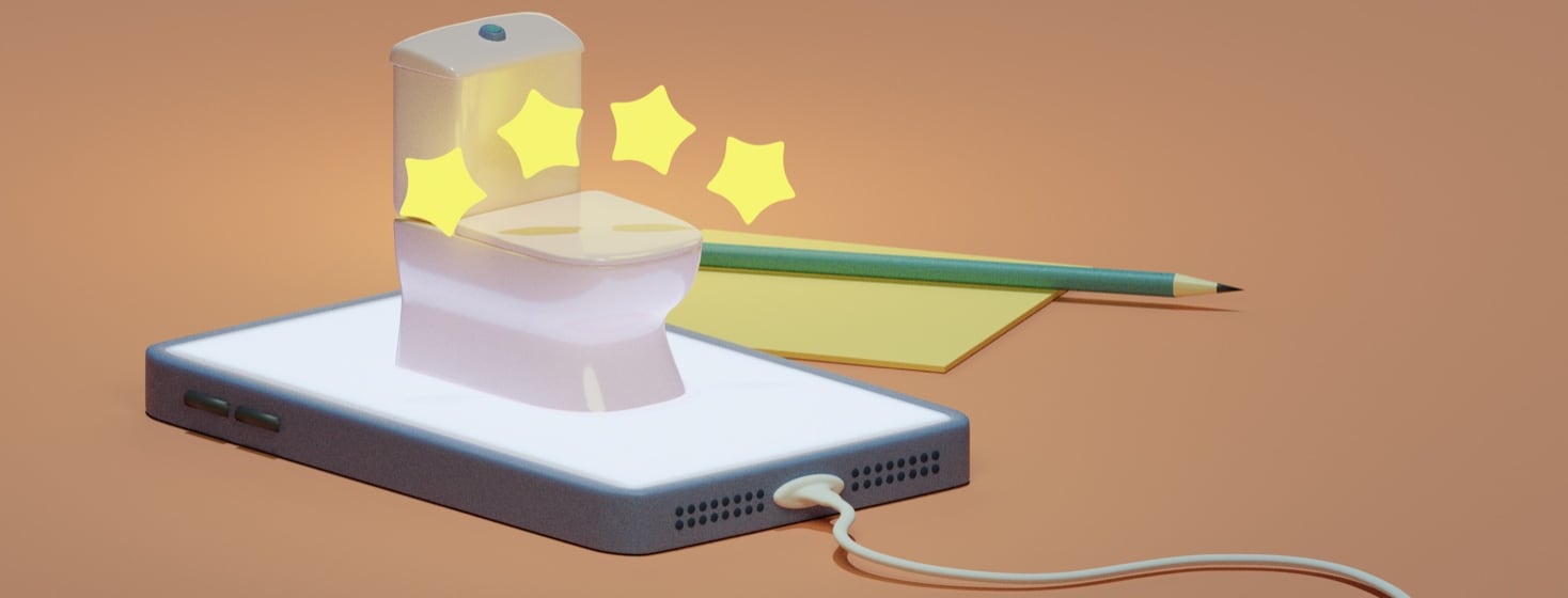 A toilet sitting on top of a cell phone. There are four stars hovering over the toilet. In the background is a pencil and post it.