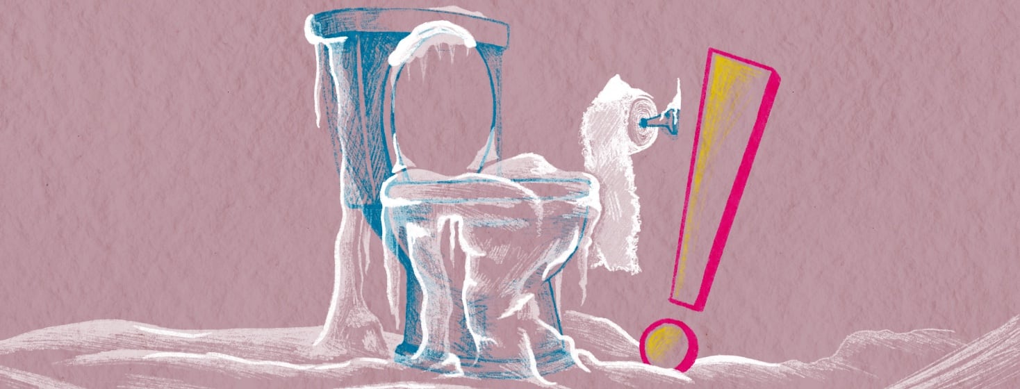 A toilet completely encased in ice. There is a bright neon alert exclamation point next to the toilet.