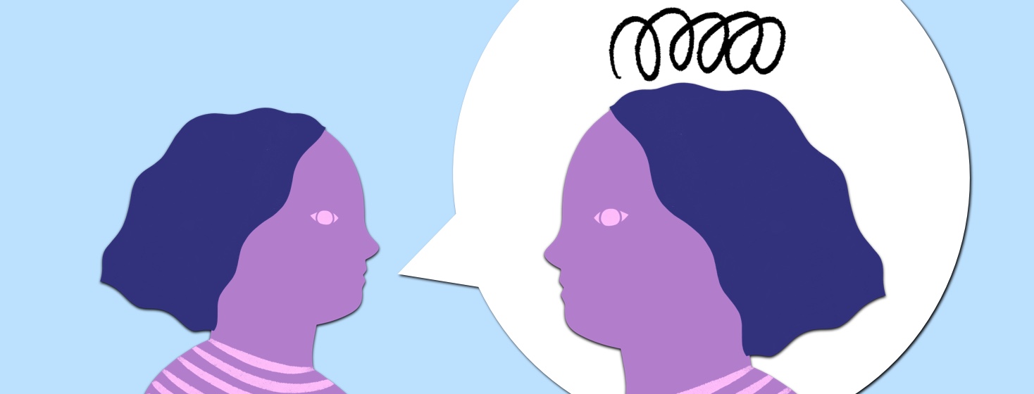 A woman with a speech bubble coming out of her mouth in the speech bubble is a frustrated version of herself