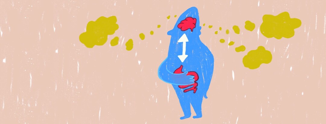 Person with a brain and digestive system showing inside the body an an arrow pointing between each; thought bubbles floating outside of person's head