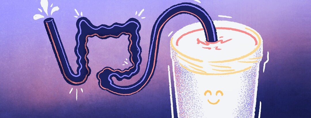 A smiling protein shake with a twisty straw in the shape of a colon.
