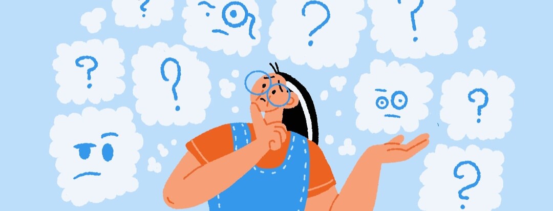 A confused woman surrounded by thought bubbles with question marks and skeptical emojis in them.