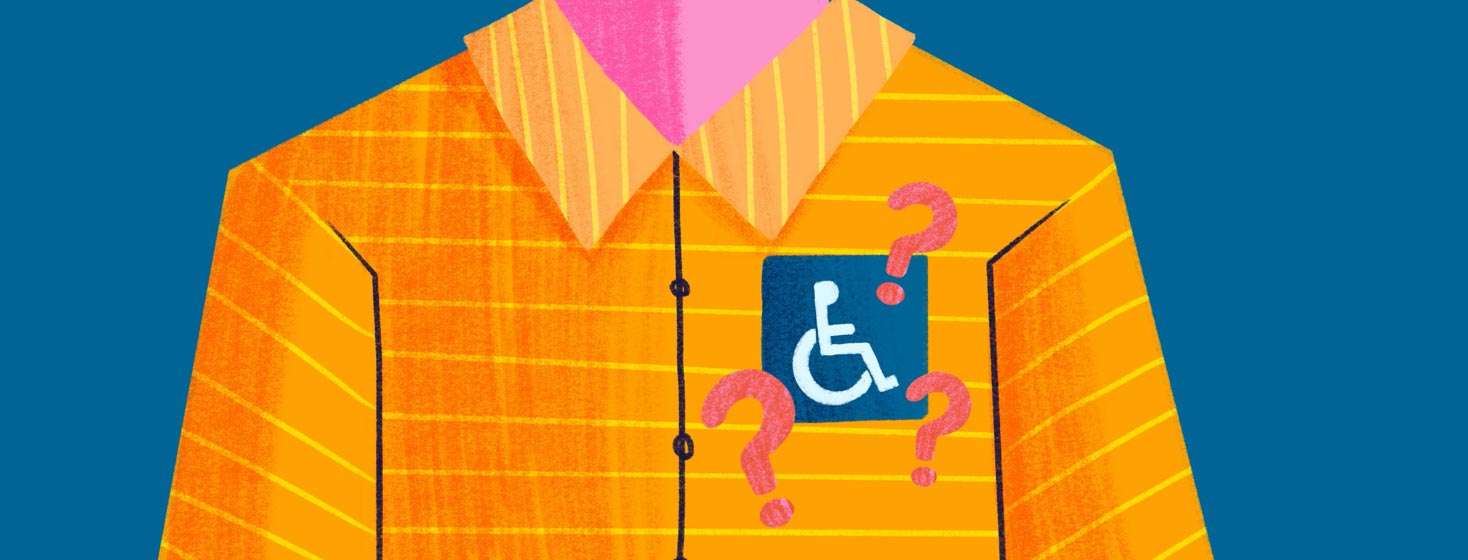 person wearing a handicap sticker like a name tag with question marks surrounding it