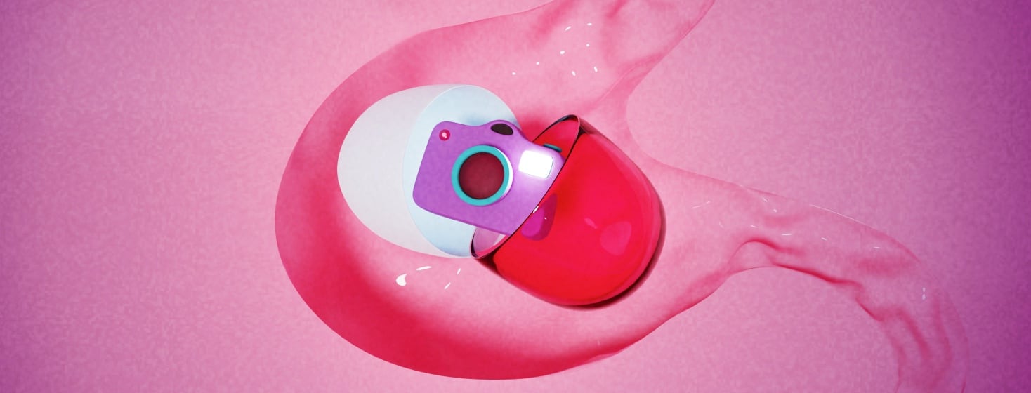 A camera popping out of a capsule in front of an abstracted intestine shape background.