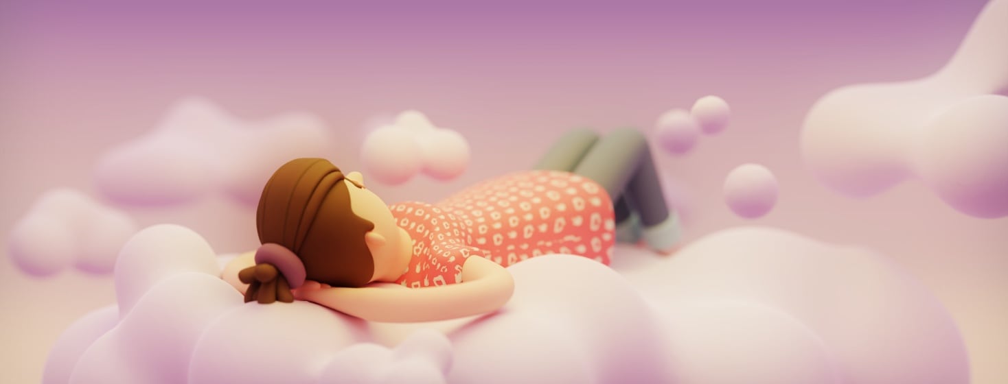 A woman lying on a cloud with her hands behind her head daydreaming.