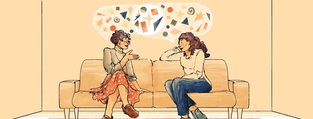 Two women sit on a couch talking. Their speech bubbles have the same shapes inside them but they are all in a different order. The speech bubbles overlap in the middle where new shapes with blends of colors reside.