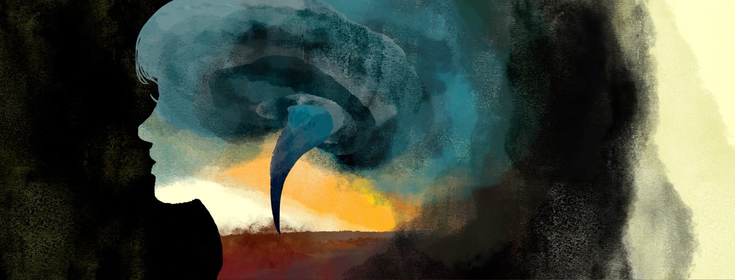 nside the silhouette of a woman's profile is a swirling tornado.