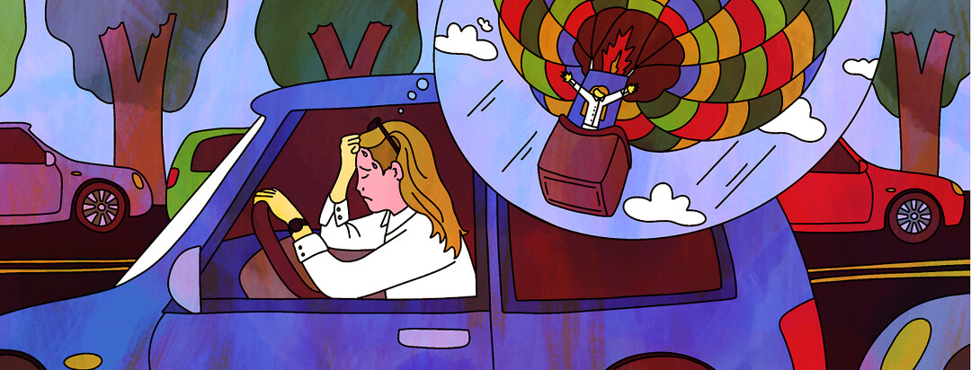 A woman sits in her car during traffic, sweating and clutching the wheel, while she visualizes herself in a hot air balloon floating far away.