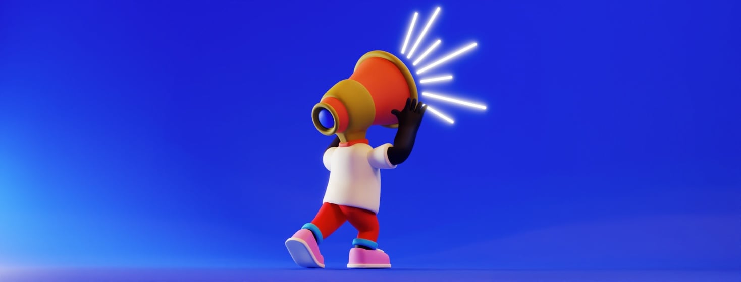A person aggressively yelling away from the viewer. Instead of a head, there is a megaphone.