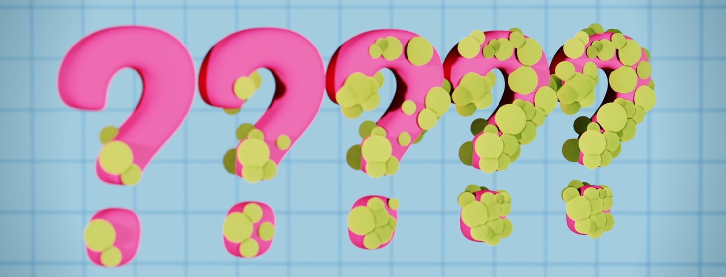 There are a series of question marks in a row. Green infection germs are increasing from left to right on the question marks.