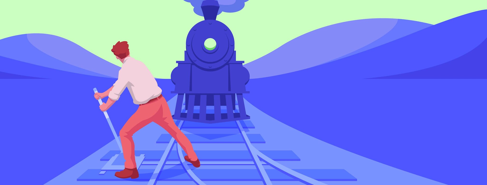 Man switches railway while steam train heads straight towards him
