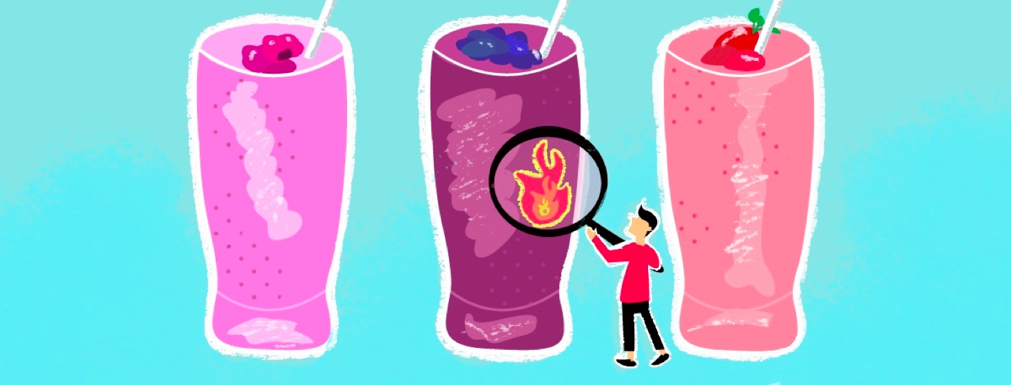 Three different types of smoothies are set next to each other as man with a magnifying glass examines the contents and sees a flame/trigger.