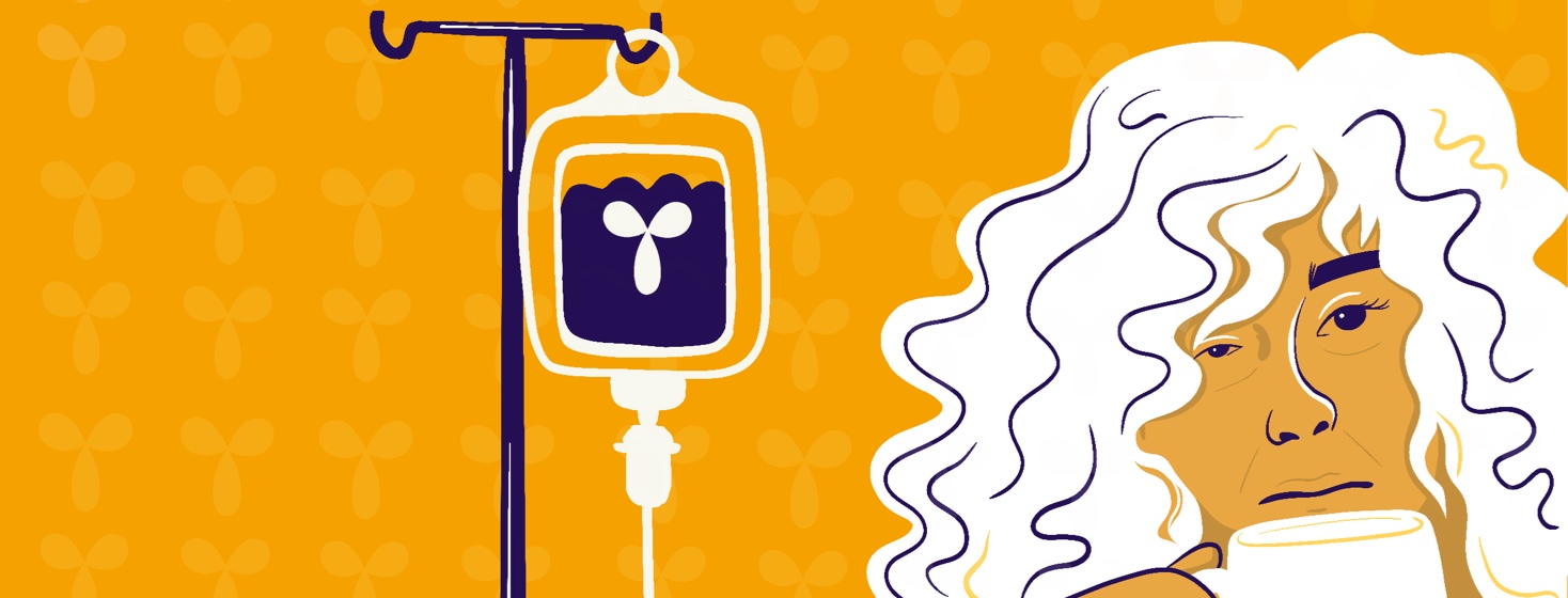 A disgruntled woman holds a mug as an IV bag with a monoclonal antibody symbol stands behind her.