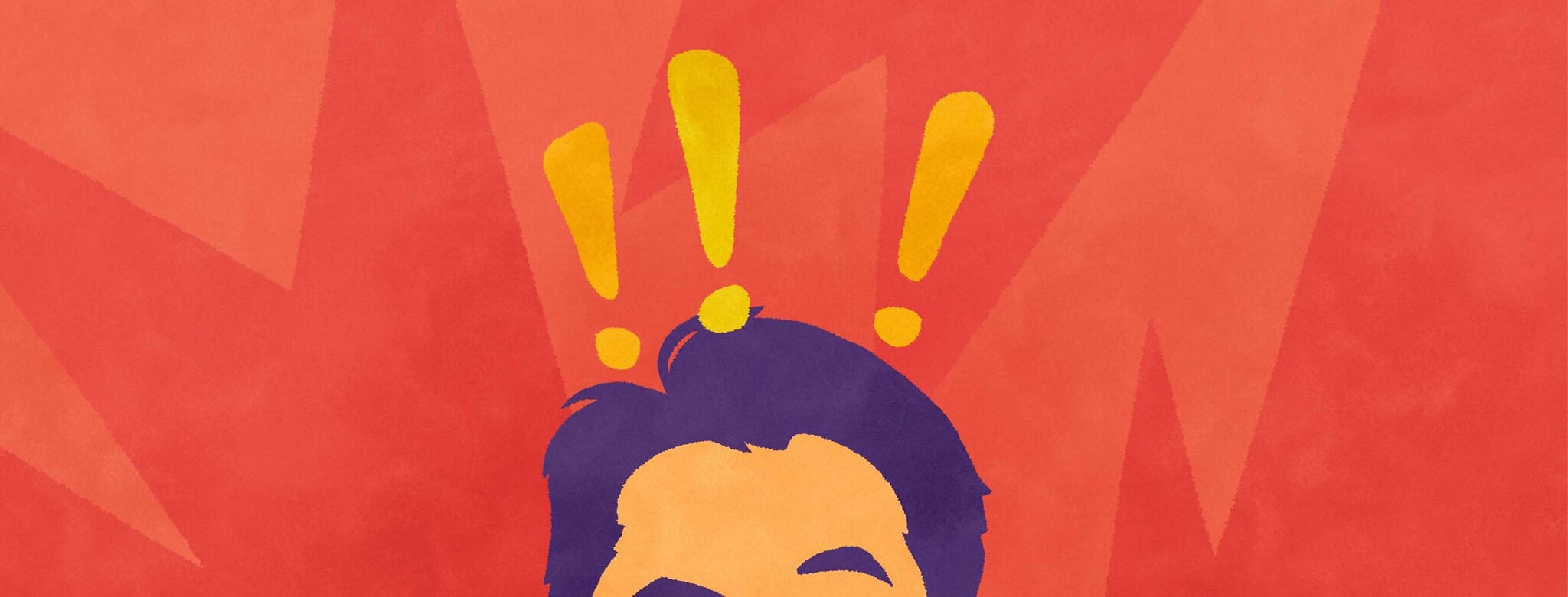 Top of an adult male head with dancing exclamation points above