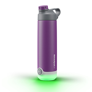 Purple HidrateSpark water bottle with a glowing green base.