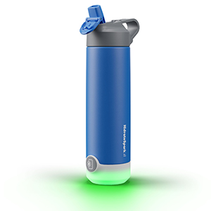 Blue HidrateSpark water bottle with a glowing green base.