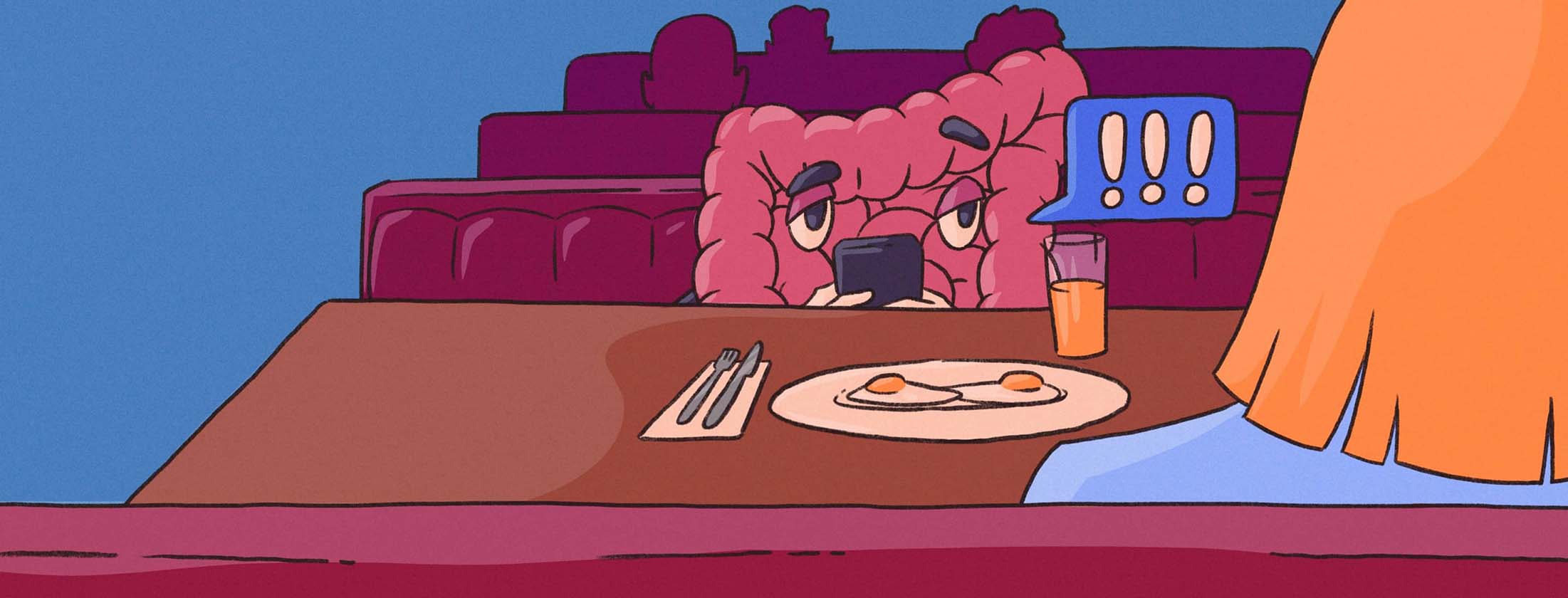 Adult woman sitting at a restaurant booth with a plate of eggs while a personified GI tract sits across from her sending warning messages via text